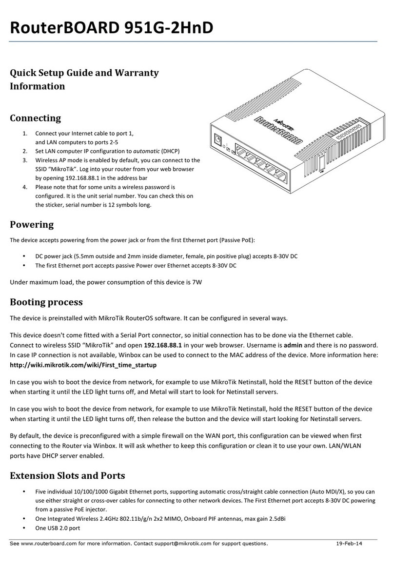 MikroTek RouterBOARD 951G-2HnD Quick setup guide and warranty information