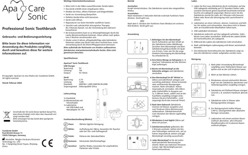 Cumdente ApaCare Sonic Toothbrush Instructions for Use and Operation
