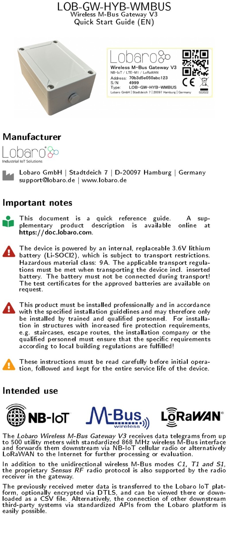 Lobaro LOB-GW-HYB-WMBUS quick start guide