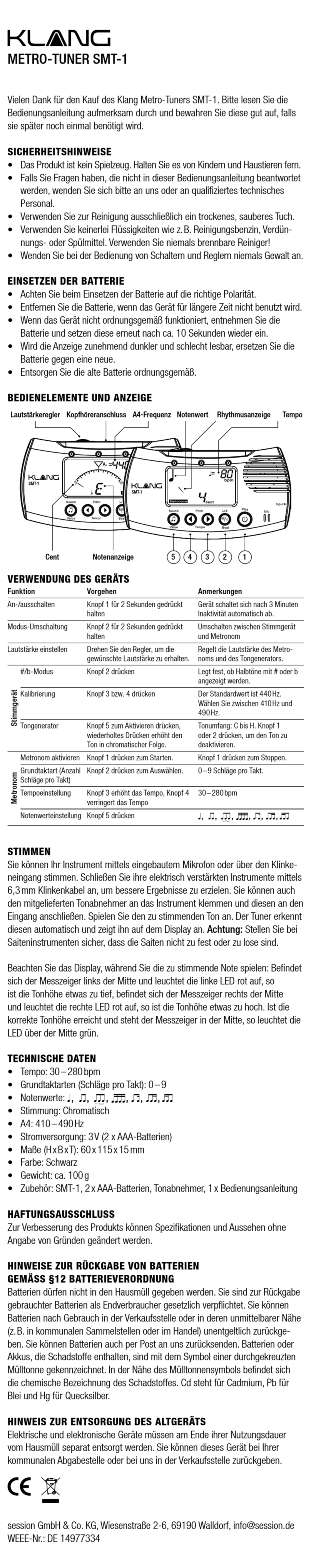 Klang Metro-Tuner SMT-1 User manual
