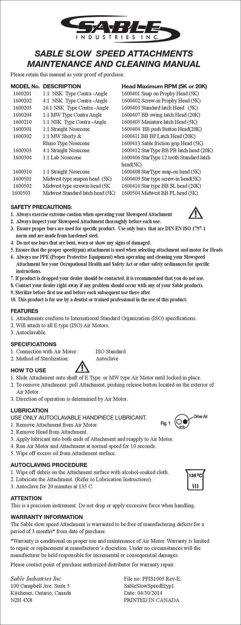 Sable 1600201 Maintenance and Cleaning Manual