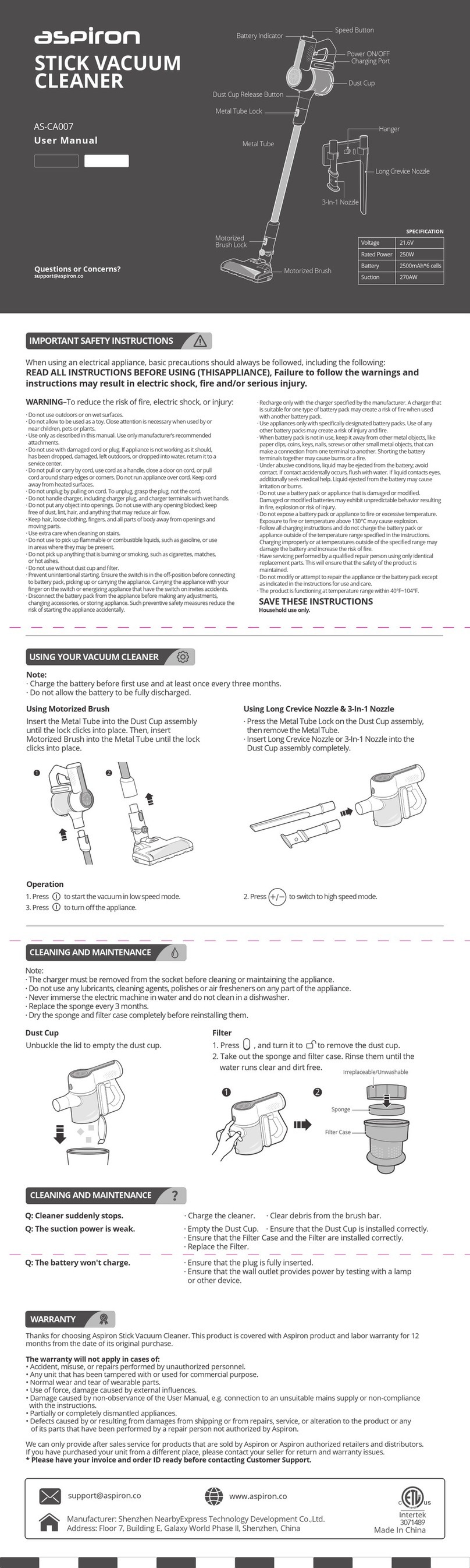 aspiron AS-CA007 User manual