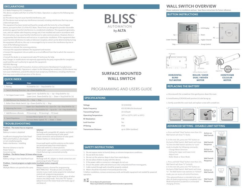 ALTA BLISS SURFACE MOUNTED WALL SWITCH PROGRAMMING AND USERS GUIDE