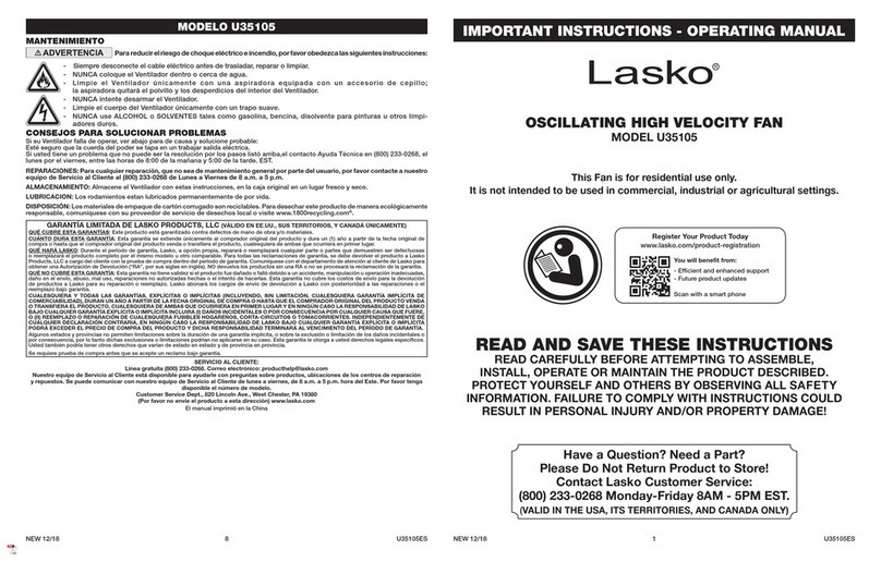 Lasko U35105 Owner's manual