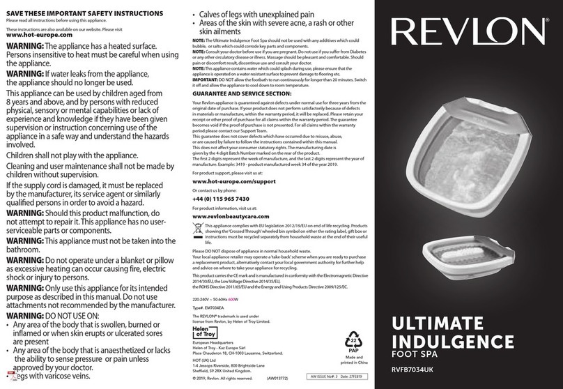 REVLON ULTIMATE INDULGENCE RVFB7034UK quick start guide REVLON ULTIMATE INDULGENCE RVFB7034UK quick start guide