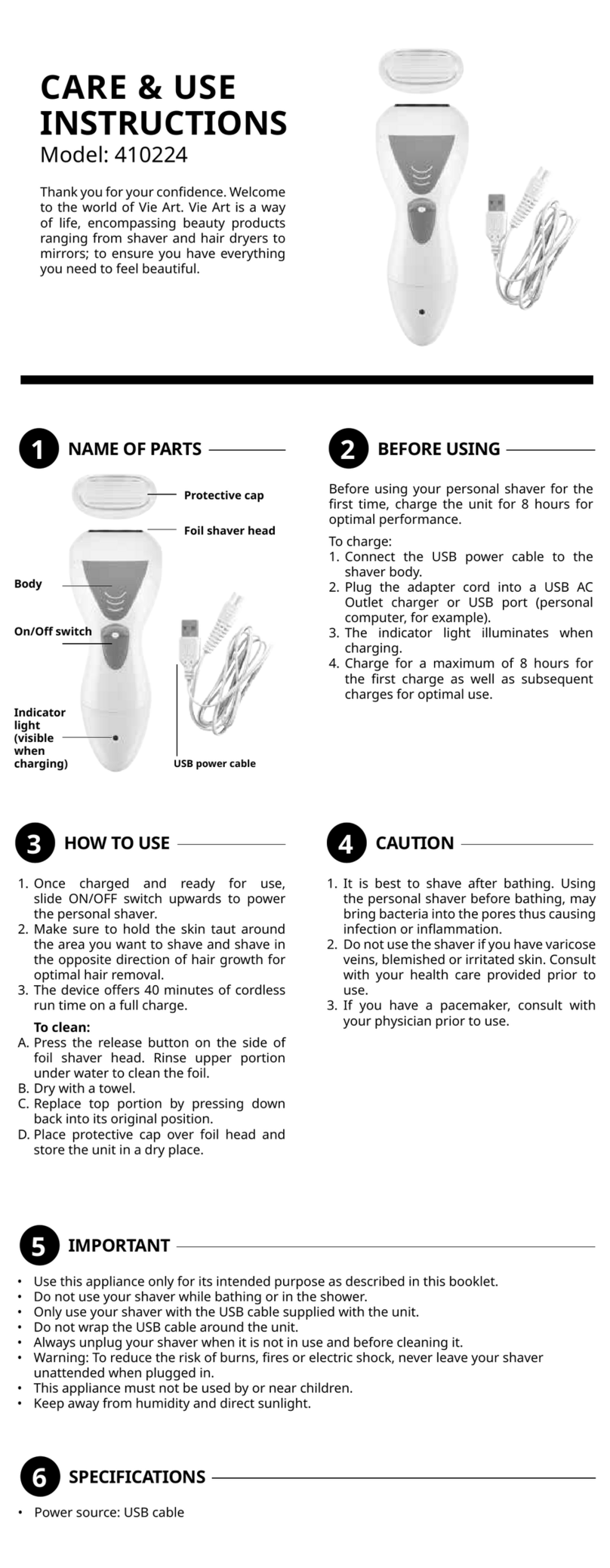 Vie Art 410224 Care & use instructions