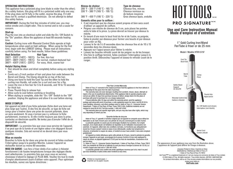 HOT TOOLS PRO SIGNATURE HTIR1575F Use and Care Instruction Manual