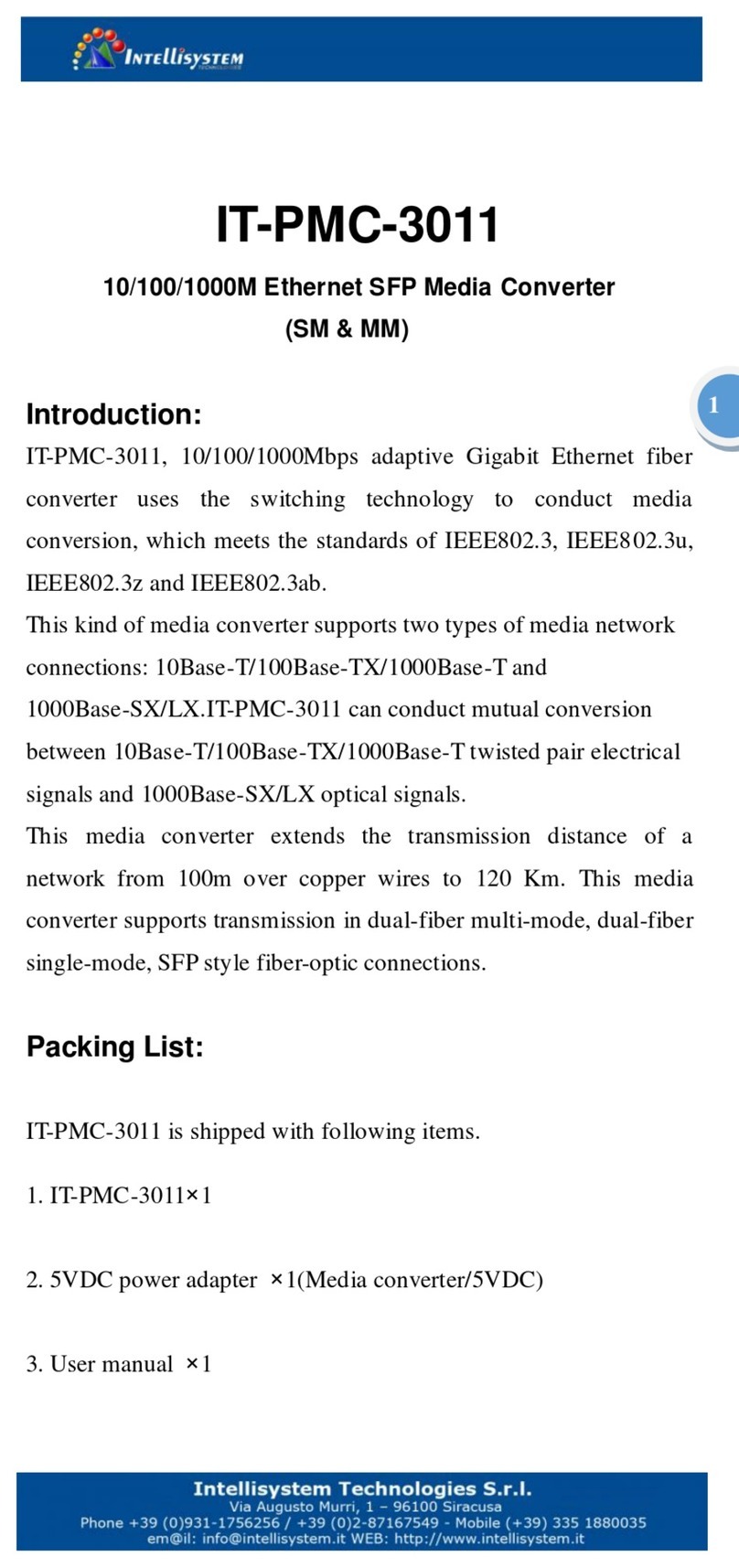 Intellisystem IT-PMC-3011 User manual