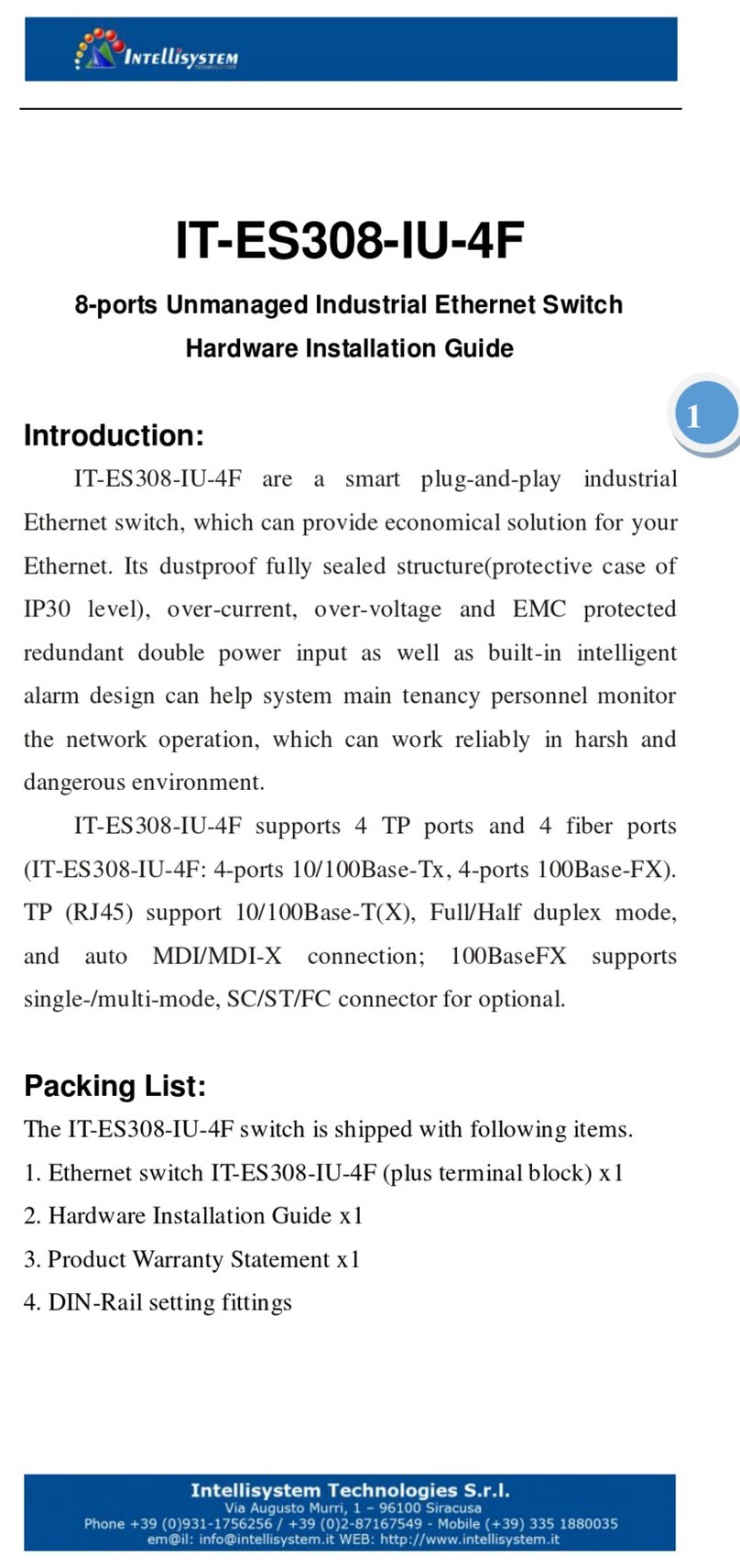 Intellisystem IT-ES308-IU-4F Hardware installation guide