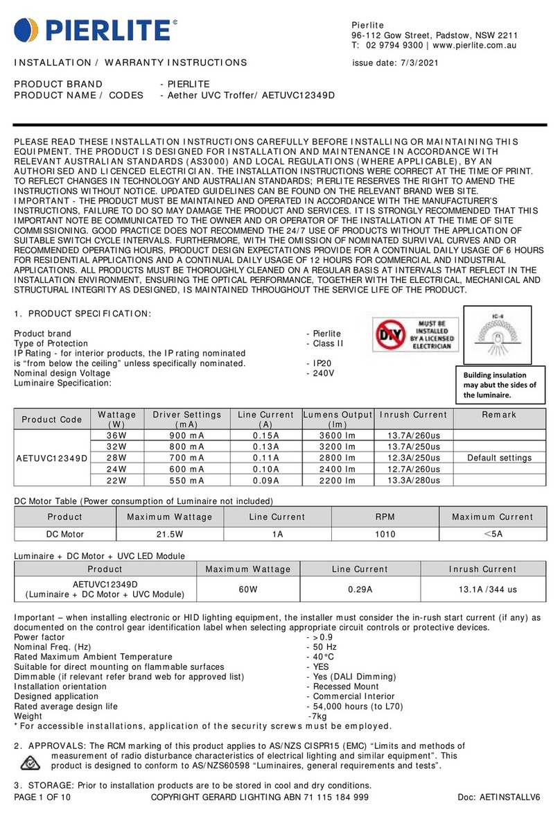 Pierlite Aether AETUVC12349D Installation and warranty guide