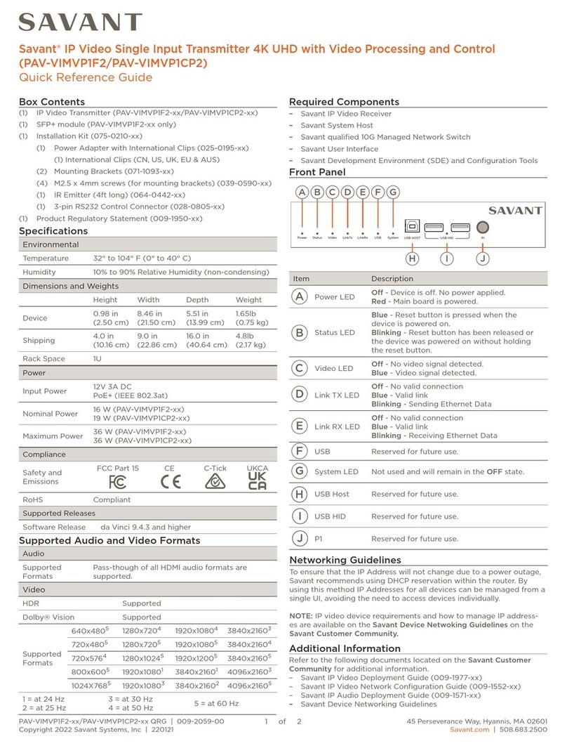 Savant PAV-VIMVP1F2 Series User manual