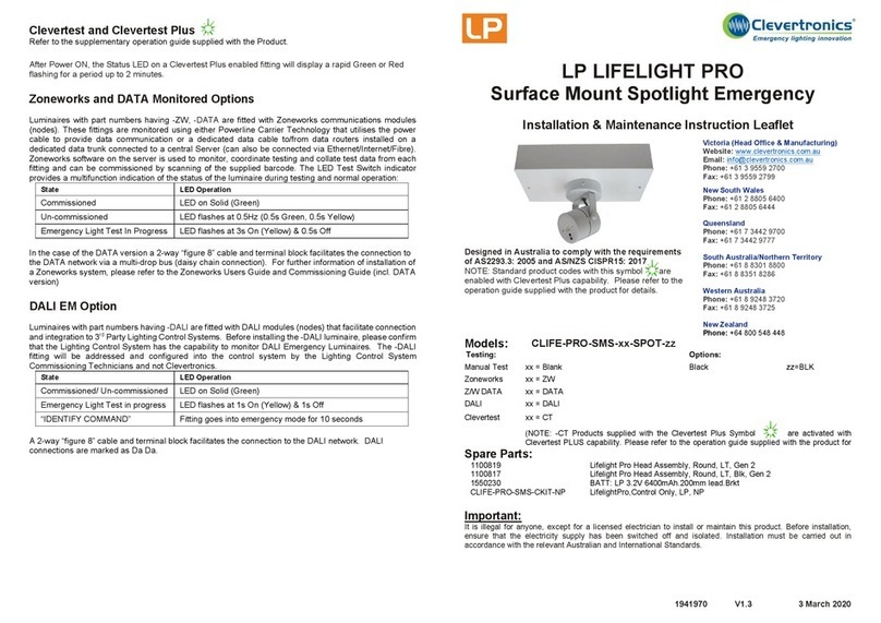 Clevertronics LP LIFELIGHT PRO CLIFE-PRO-SMS-SPOT Series Installation and operating instructions