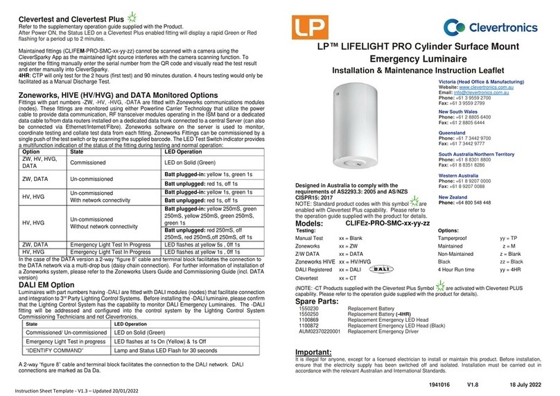 Clevertronics LP LIFELIGHT PRO CLIFE PRO-SMC Series Installation and operating instructions
