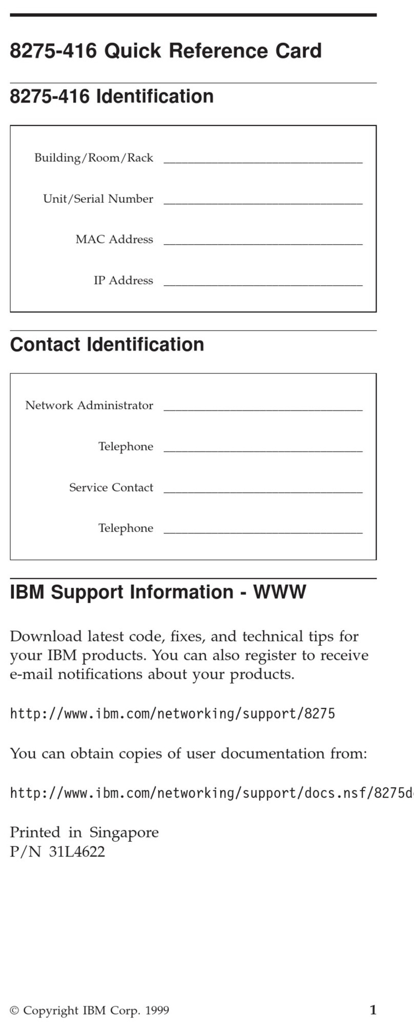 IBM 8275-416 Quick reference card