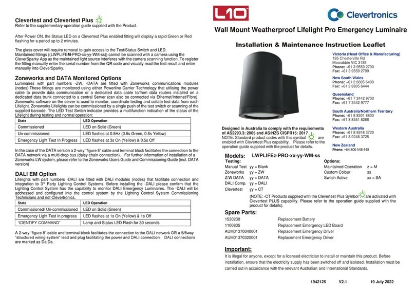 Clevertronics L10 Lifelight Pro LWPLIFE-PRO-WM Series Installation and operating instructions
