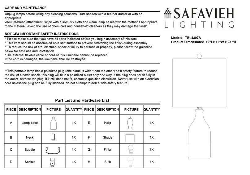 Safavieh Lighting TBL4307A quick start guide Safavieh Lighting TBL4307A quick start guide
