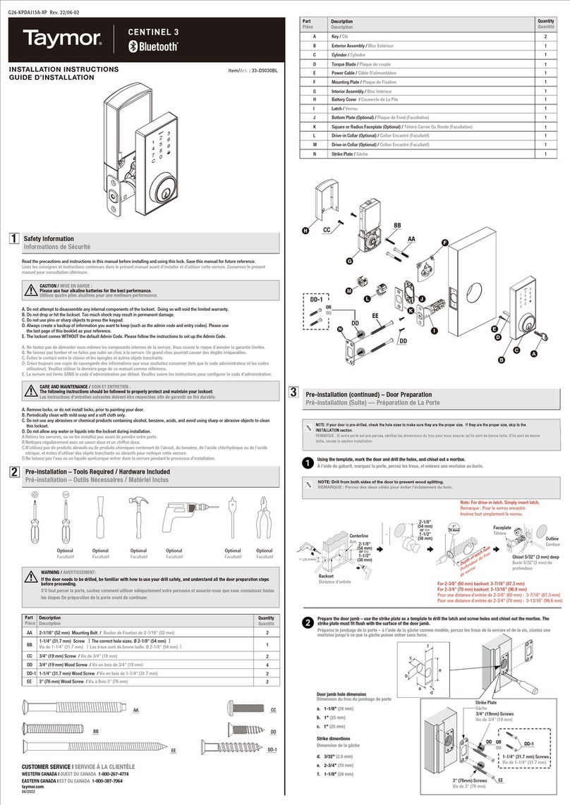 Taymor CENTINEL 3 installation instructions