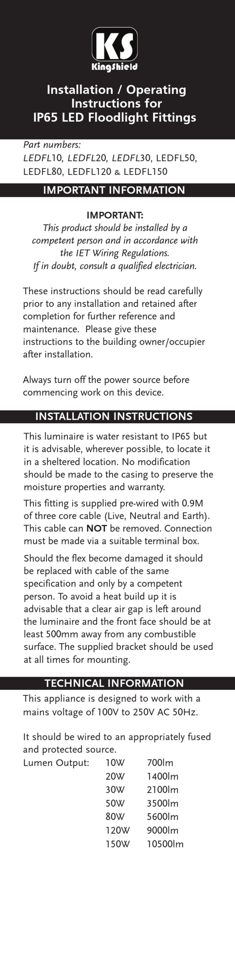 KingShield LEDFL10 Installation & operating instructions