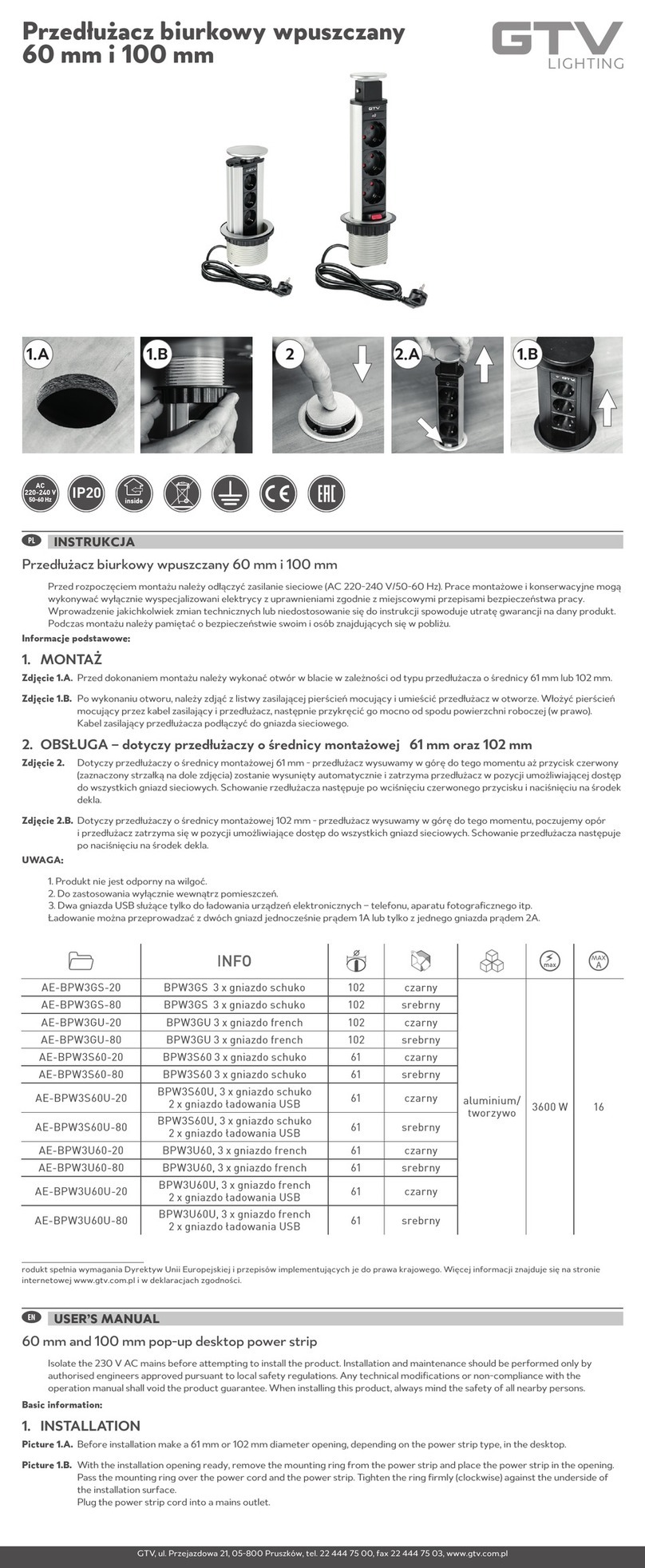 GTV AE-BPW3GS-20 user manual