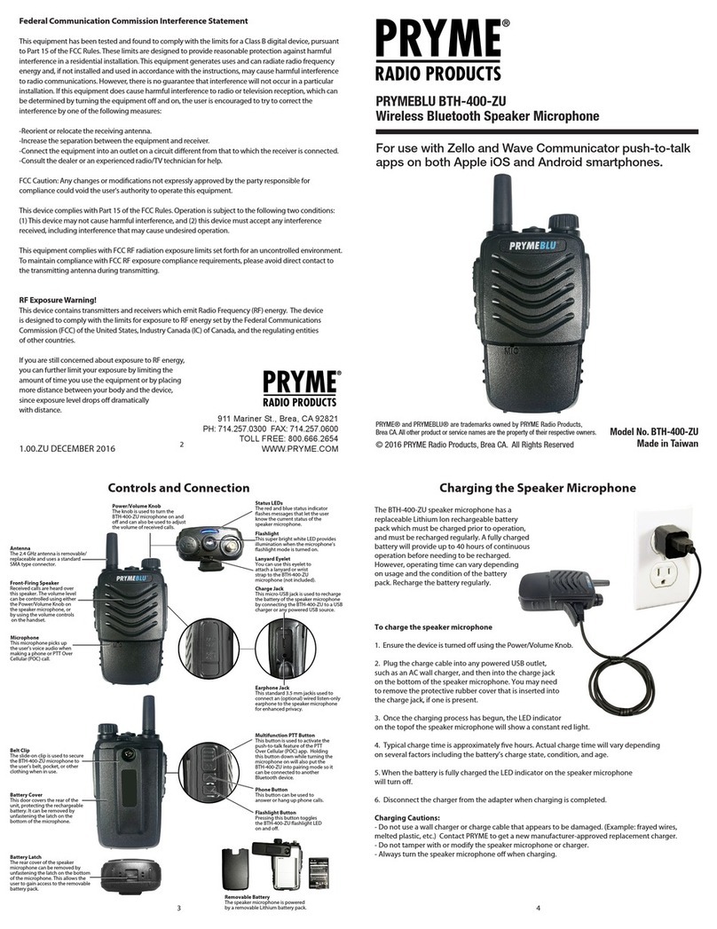 PRYME Radio Product PRYMEBLU BTH-400-ZU quick start guide