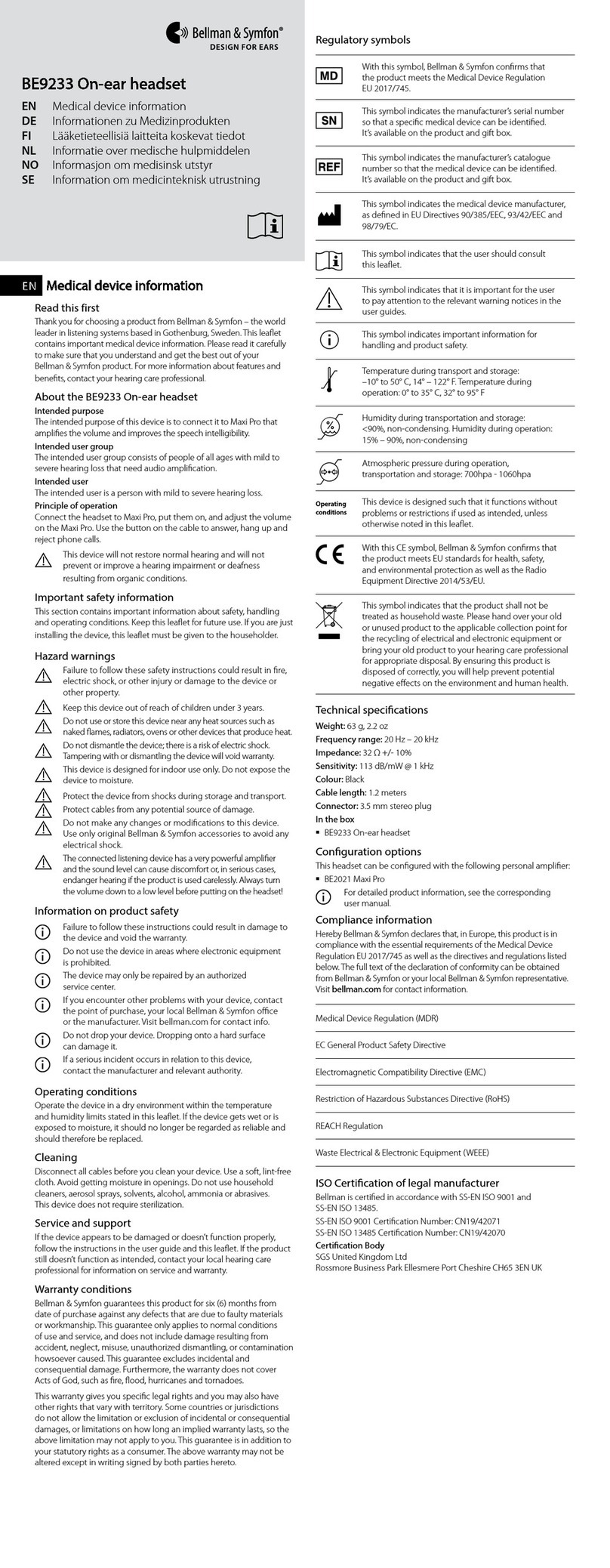 Bellman & Symfon BE9233 Medical device information