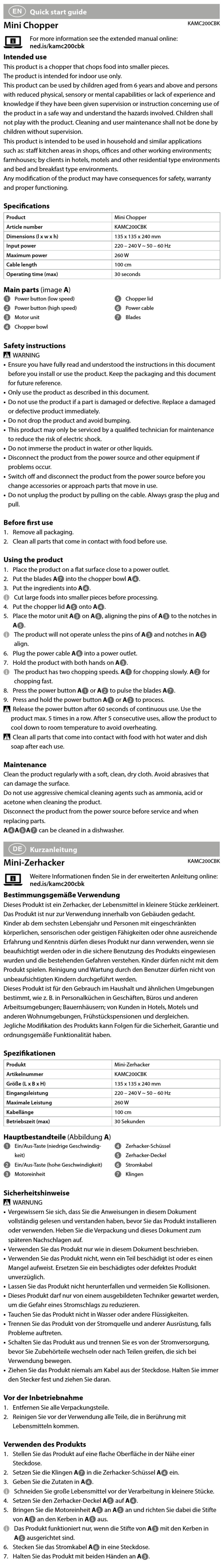 nedis KAMC200CBK quick start guide