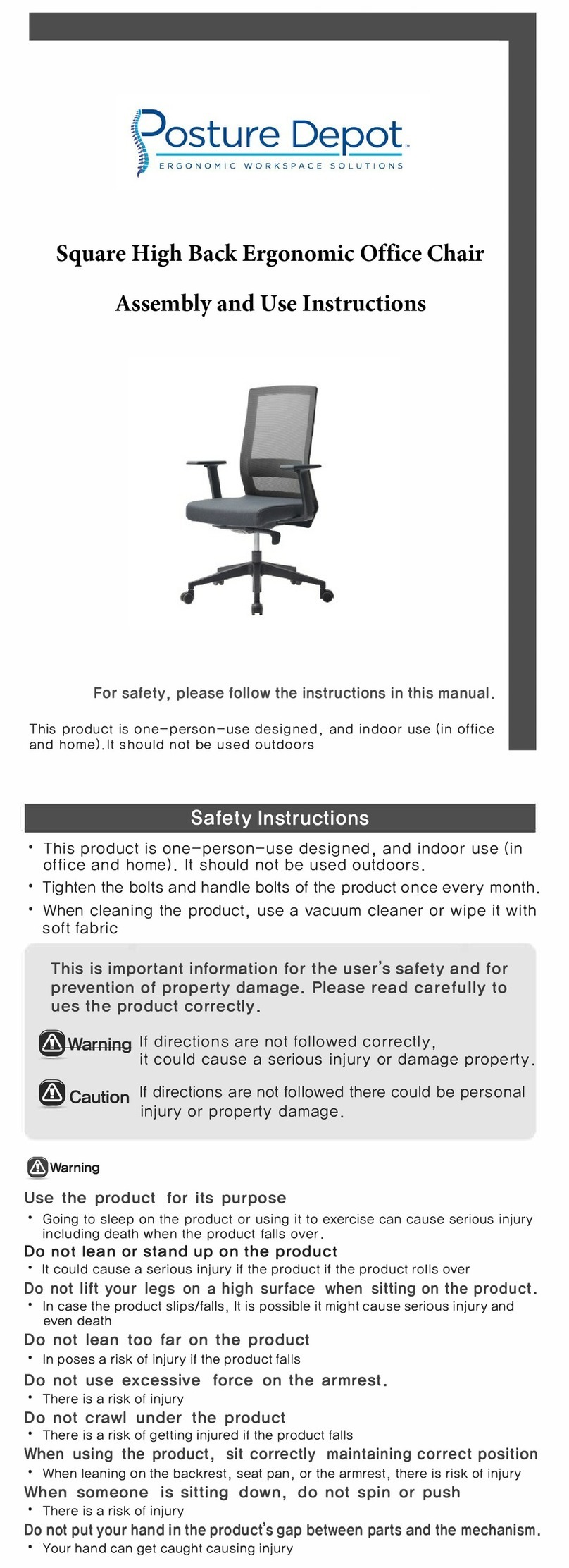 Posture Depot Square High Back Ergonomic Office Chair Assembly and use instructions Posture Depot Square High Back Ergonomic Office Chair Assembly and use instructions