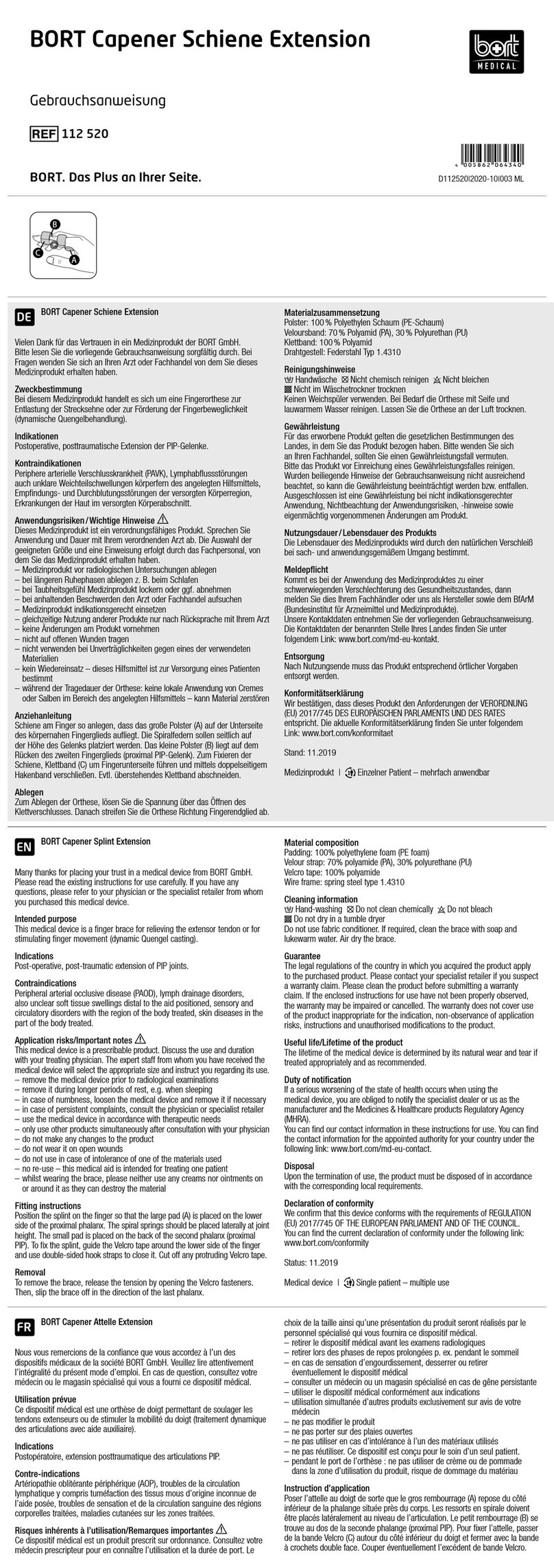 bort medical Capener Splint Extension manual