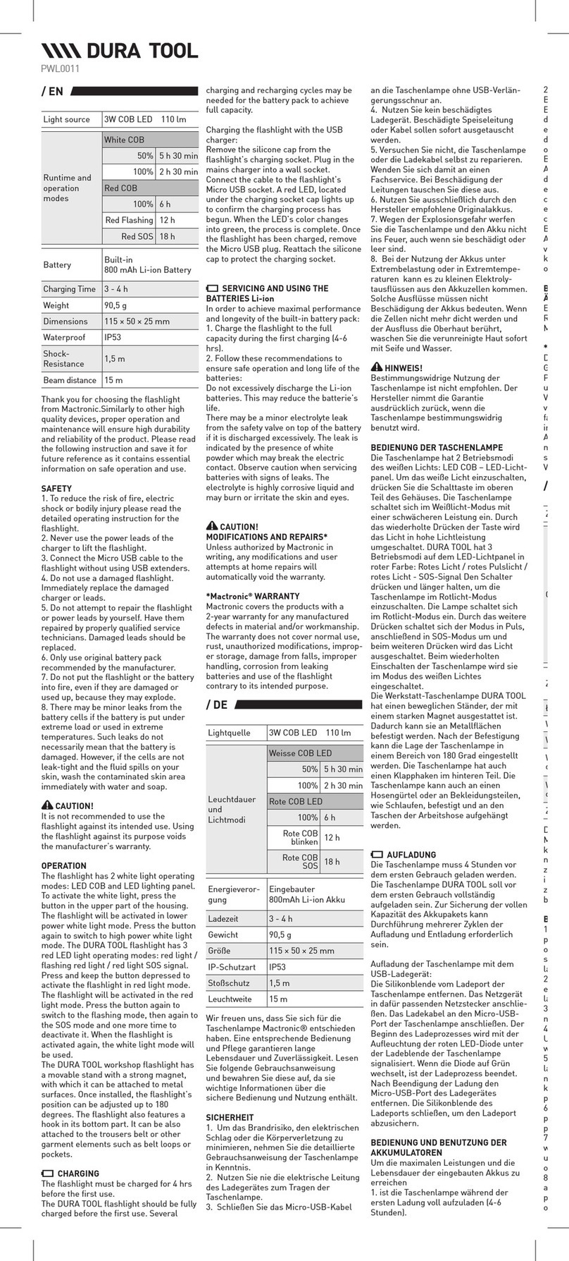 Mactronic Dura Tool PWL0011 User manual
