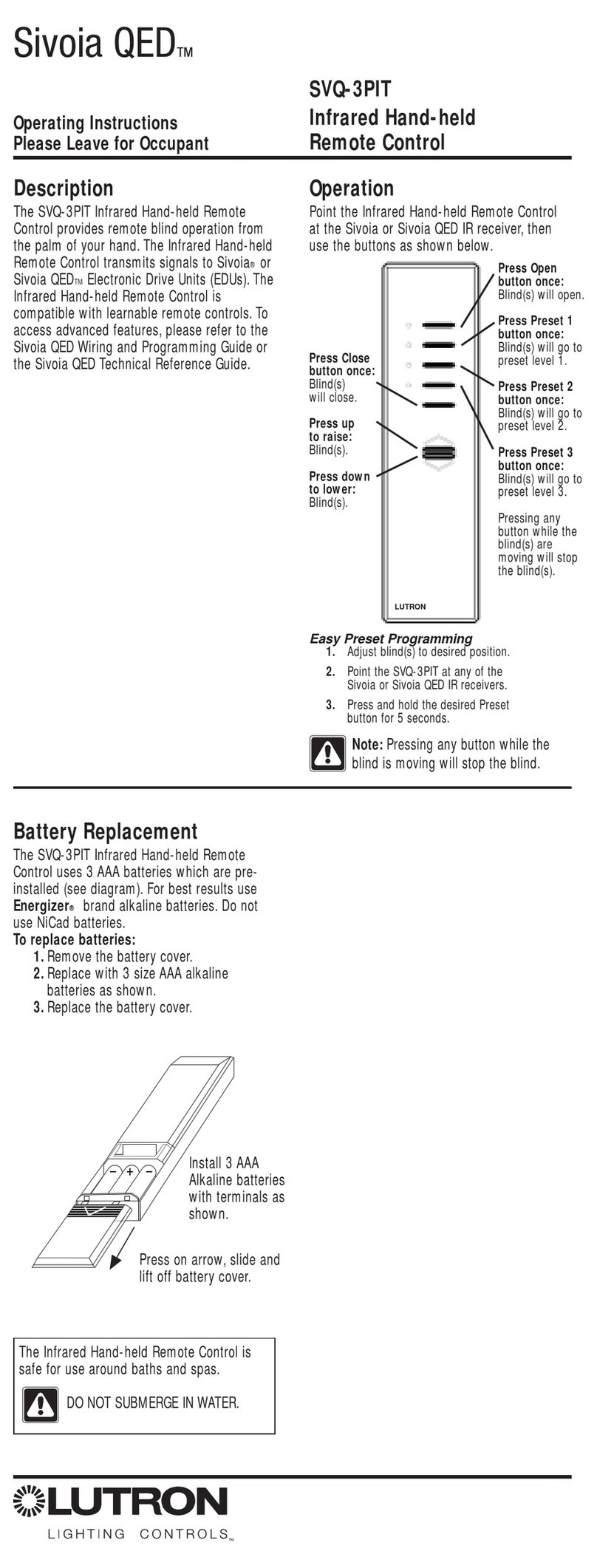 Lutron Electronics Sivoia QED SVQ-3PIT operating instructions