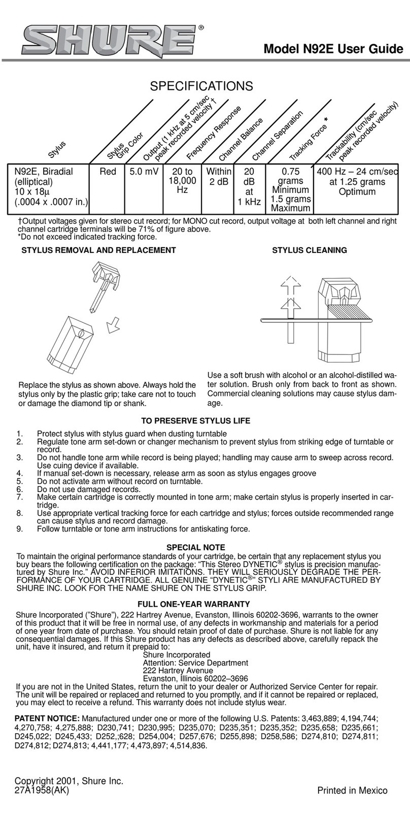 Shure N92E user guide