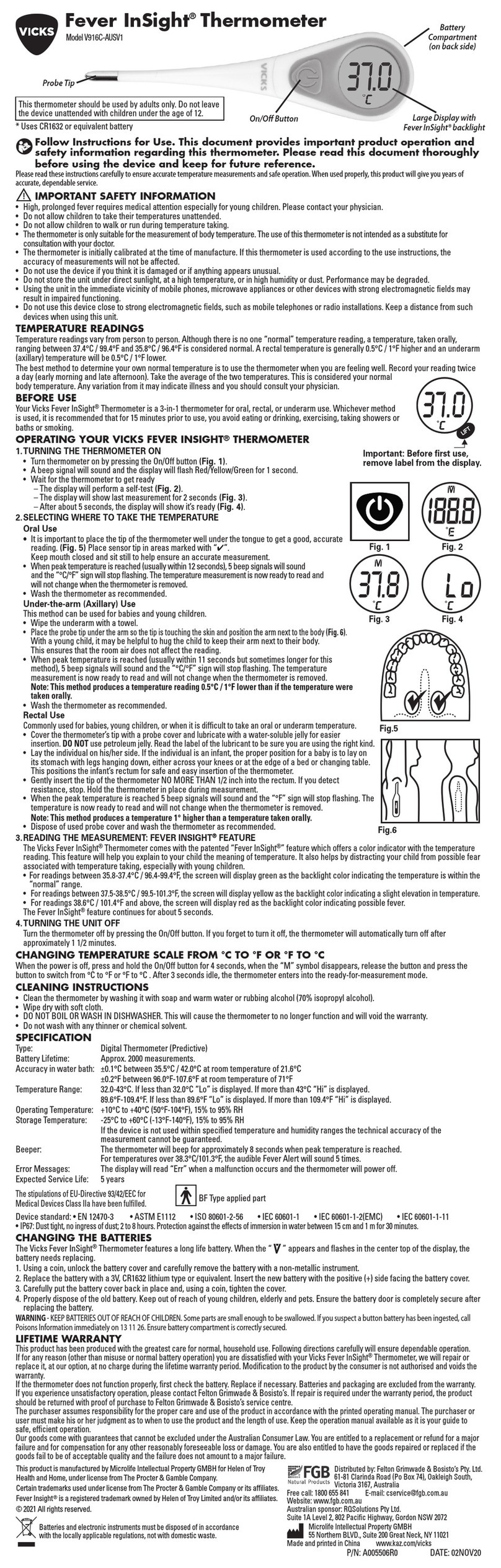 Helen of Troy Vicks Fever InSight V916C-AUSV1 quick start guide