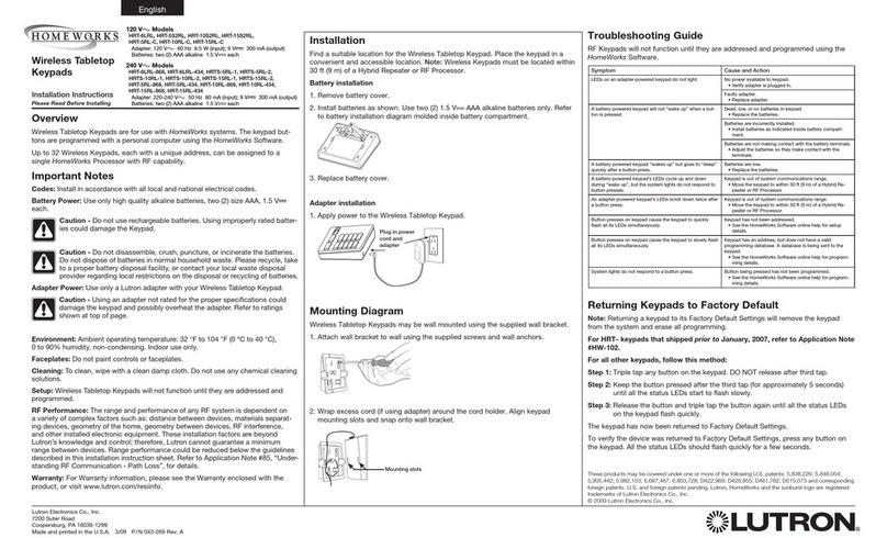 Lutron Electronics HOMEWORKS HRT-6LRL User manual