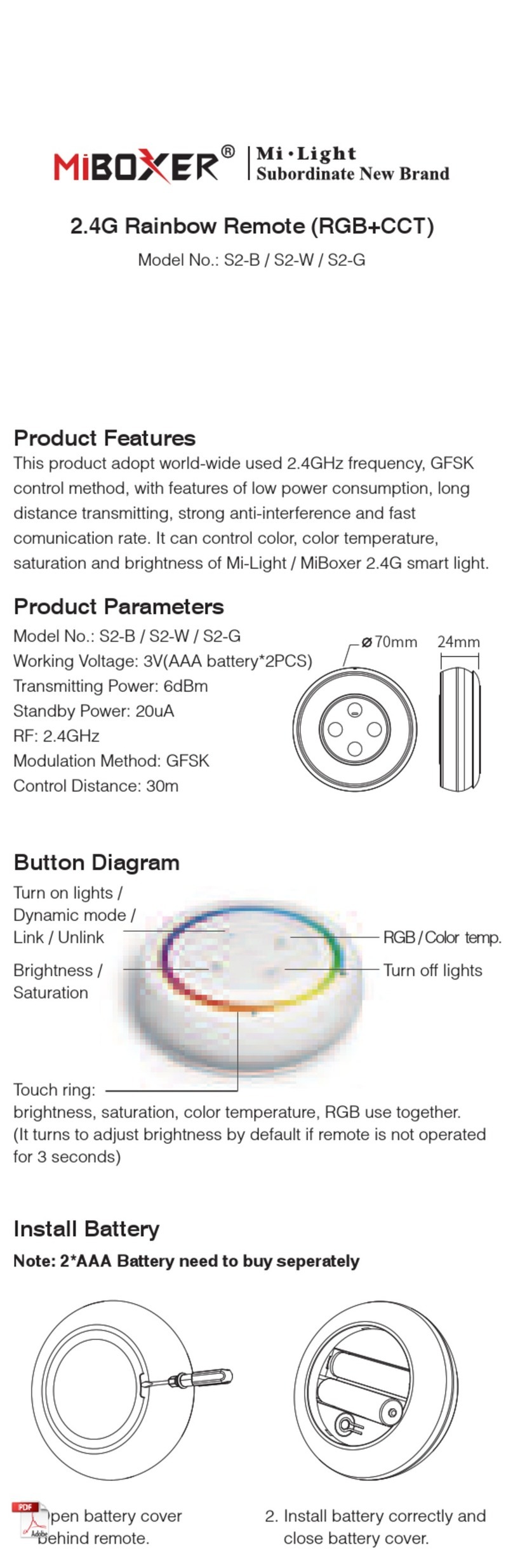 Miboxer Rainbow Remote S2-B User manual