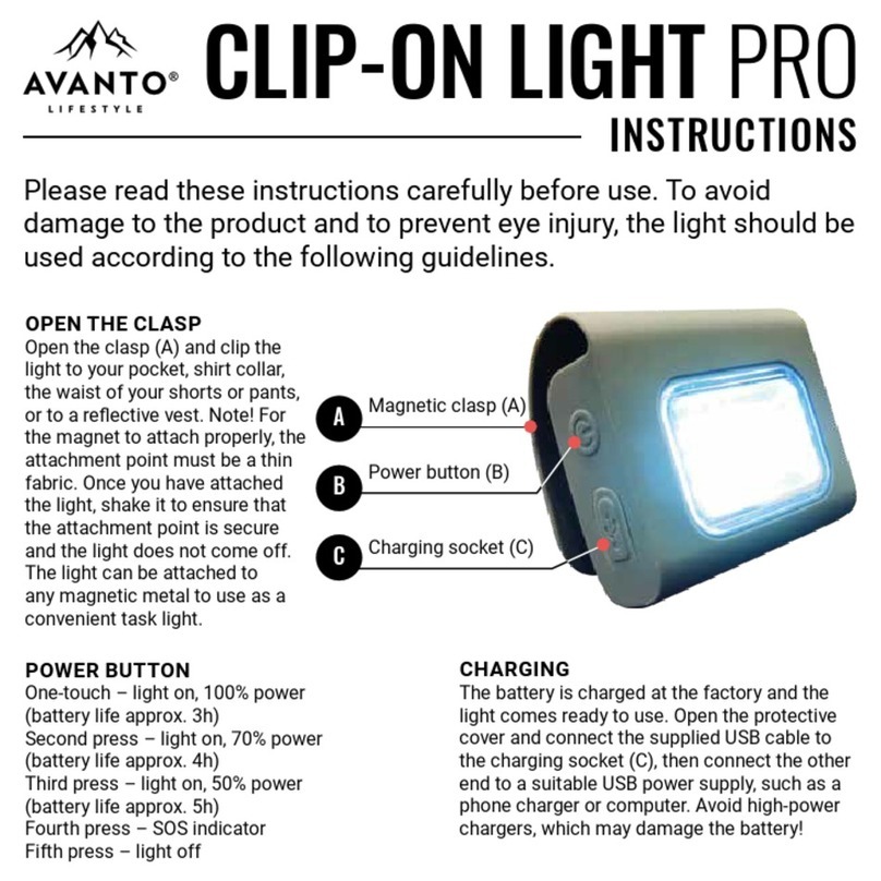 AVANTO CLIP-ON LIGHT PRO instructions