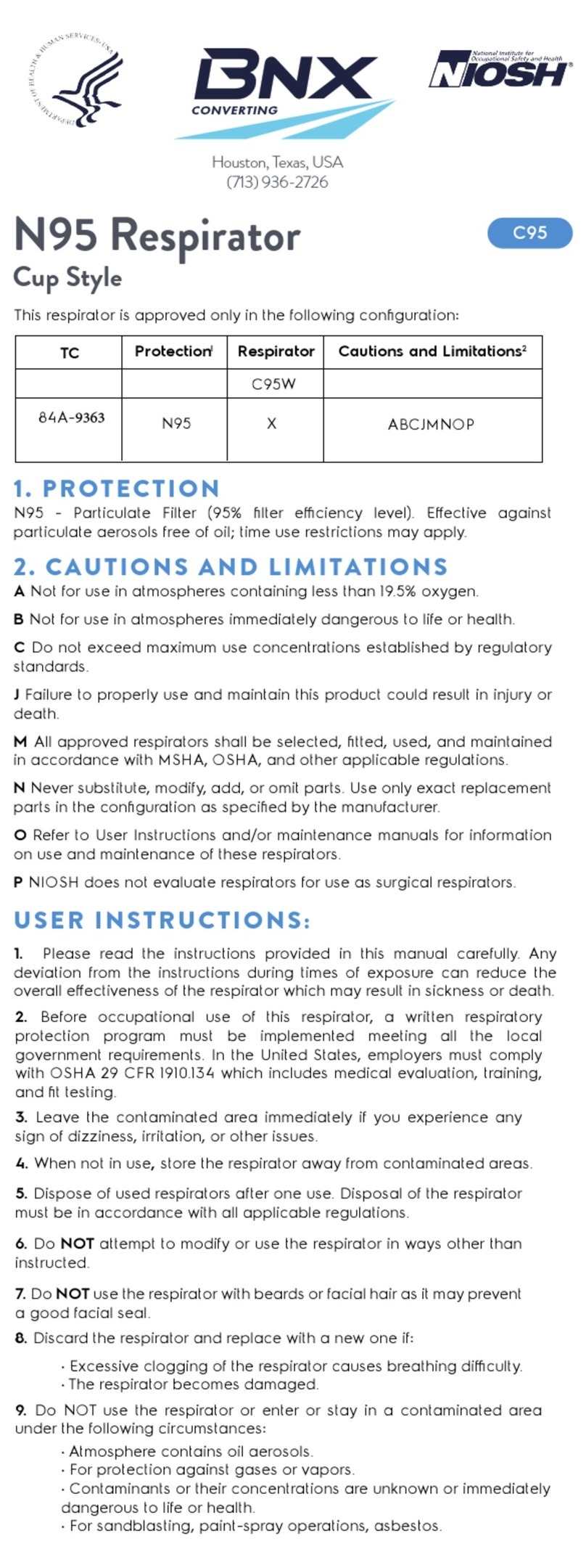 NIOSH BNX N95 User manual