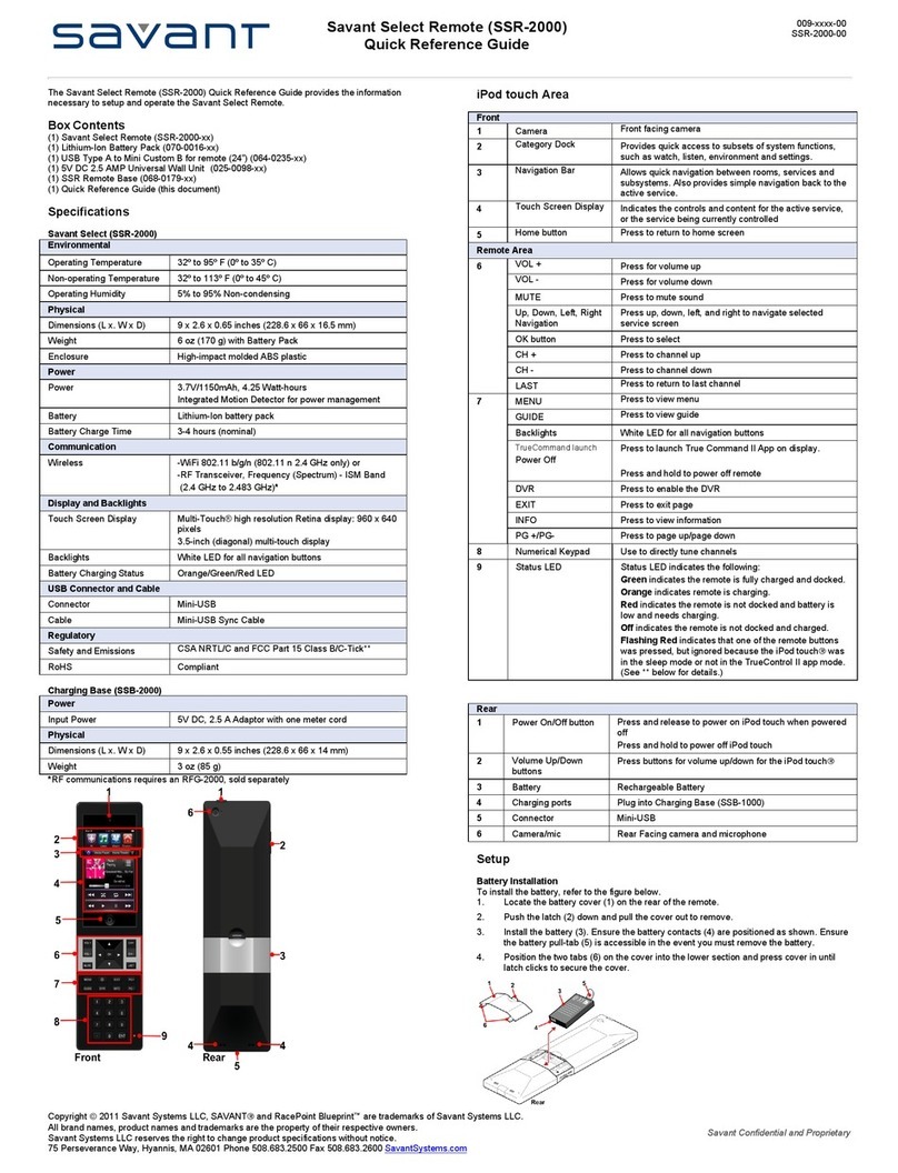 Savant SSR-2000 Quick reference guide