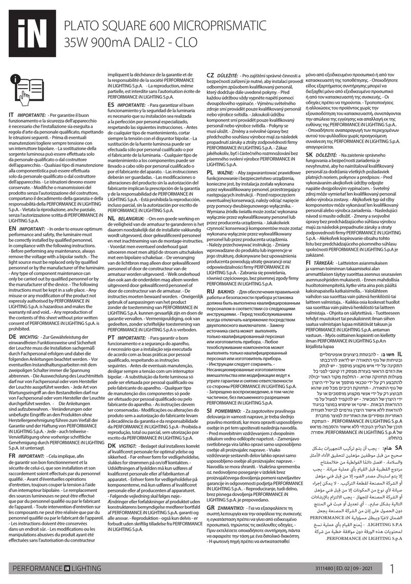 Performance In Lighting PLATO SQUARE 600 MICROPRISMATIC User manual