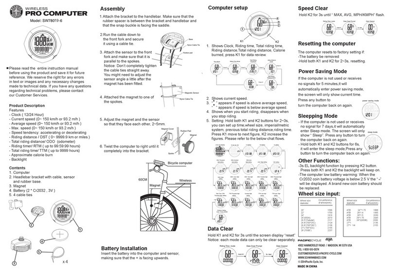 PACIFIC CYCLE PRO COMPUTER SW78019-6 User manual