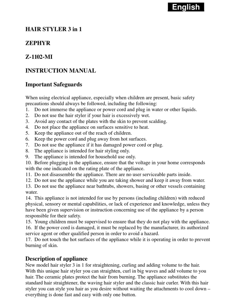 Zephyr Z-1102-MI instruction manual