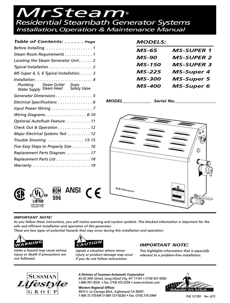 Sussman MrSteam MS-Super 1 Installation, operation & maintenance manual