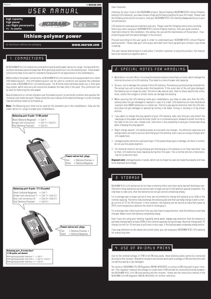 Nosram VTEC lithium-polymer power LiPo Pack-7.4V-2S user manual