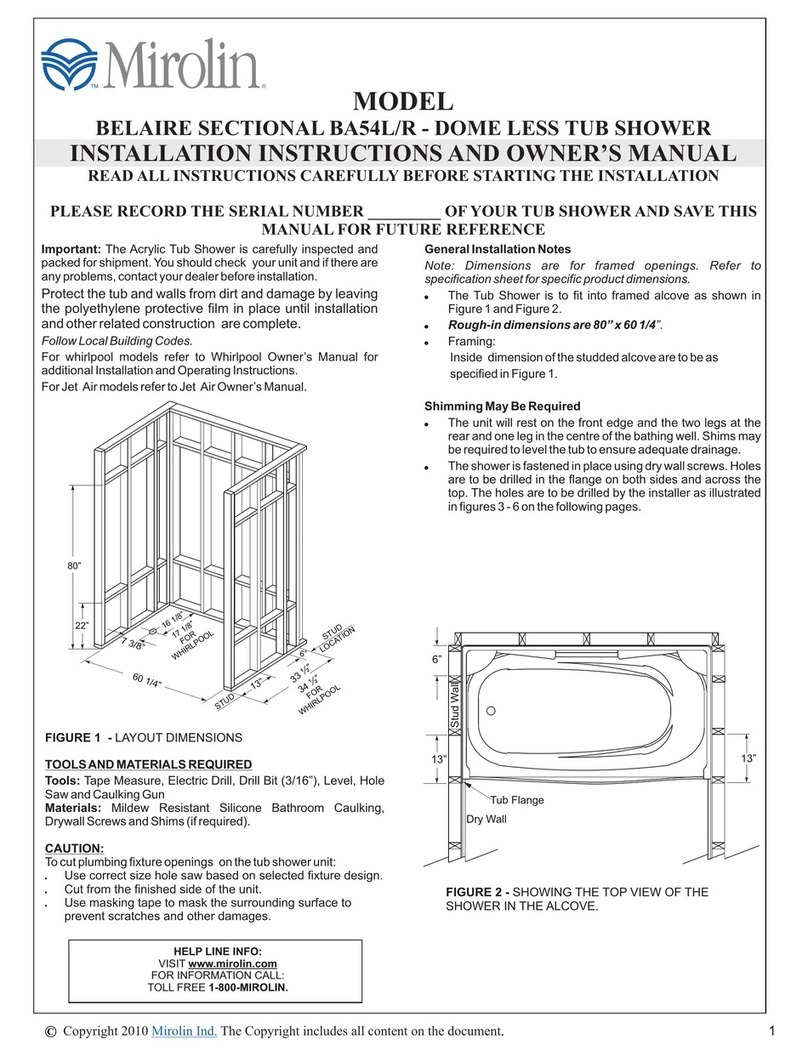 Mirolin BELAIRE BA54L/R Installation instructions and owner's manual