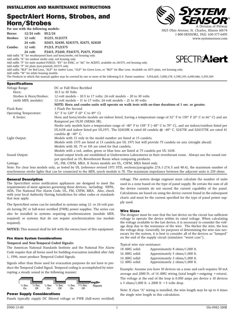 Pittway SYSTEM SENSOR SpectrAlert H12 Installation and maintenance instructions