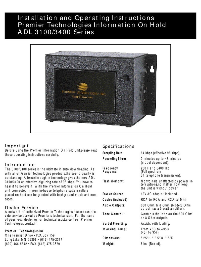 Premier Technology ADL 3100 Series Installation and operating instructions
