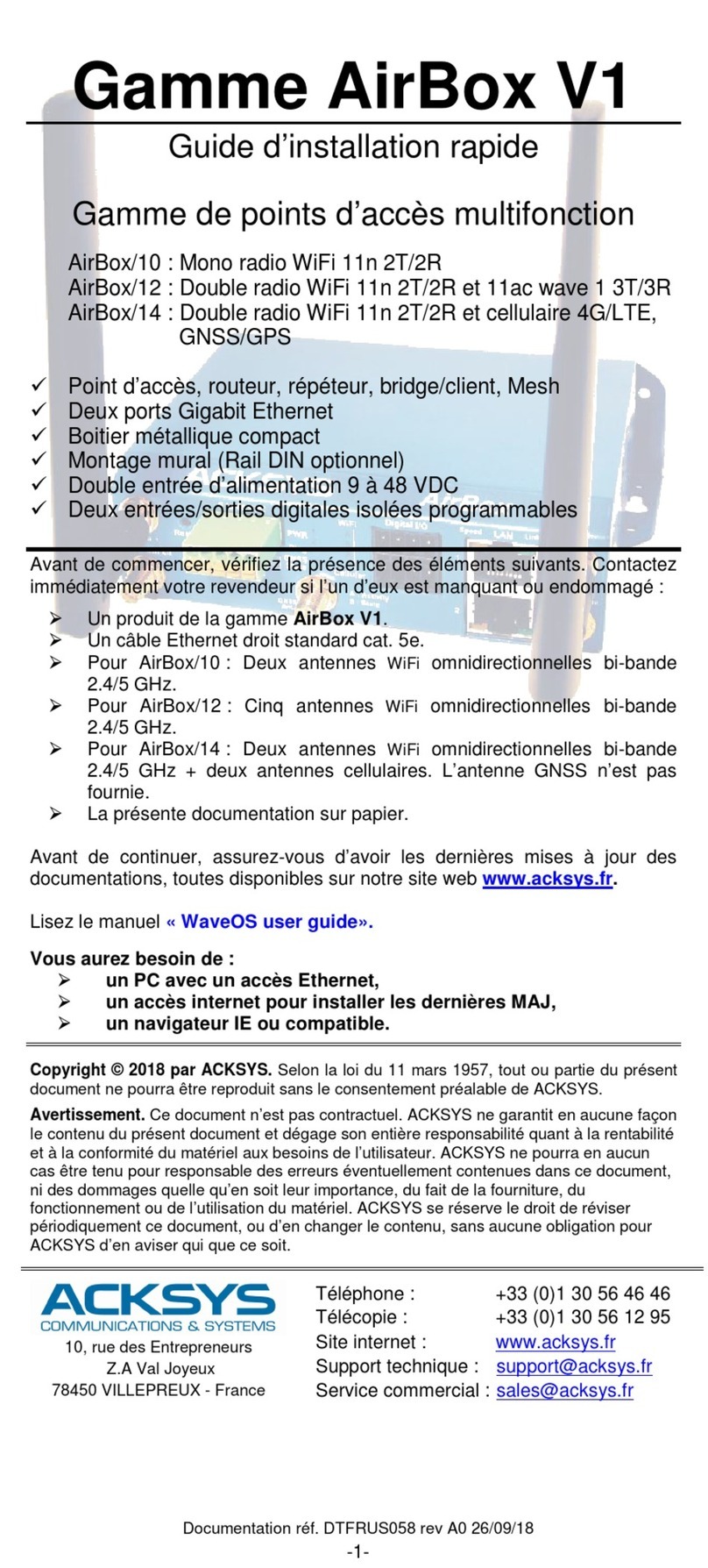 Acksys AirBox V1 Series Quick installation guide Acksys AirBox V1 Series Quick installation guide