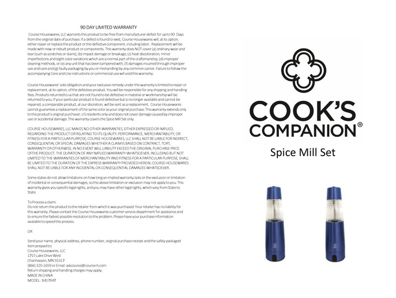 Cook's Companion Spice Mill Set Assembly Instructions and Warranty Cook's Companion Spice Mill Set Assembly Instructions and Warranty