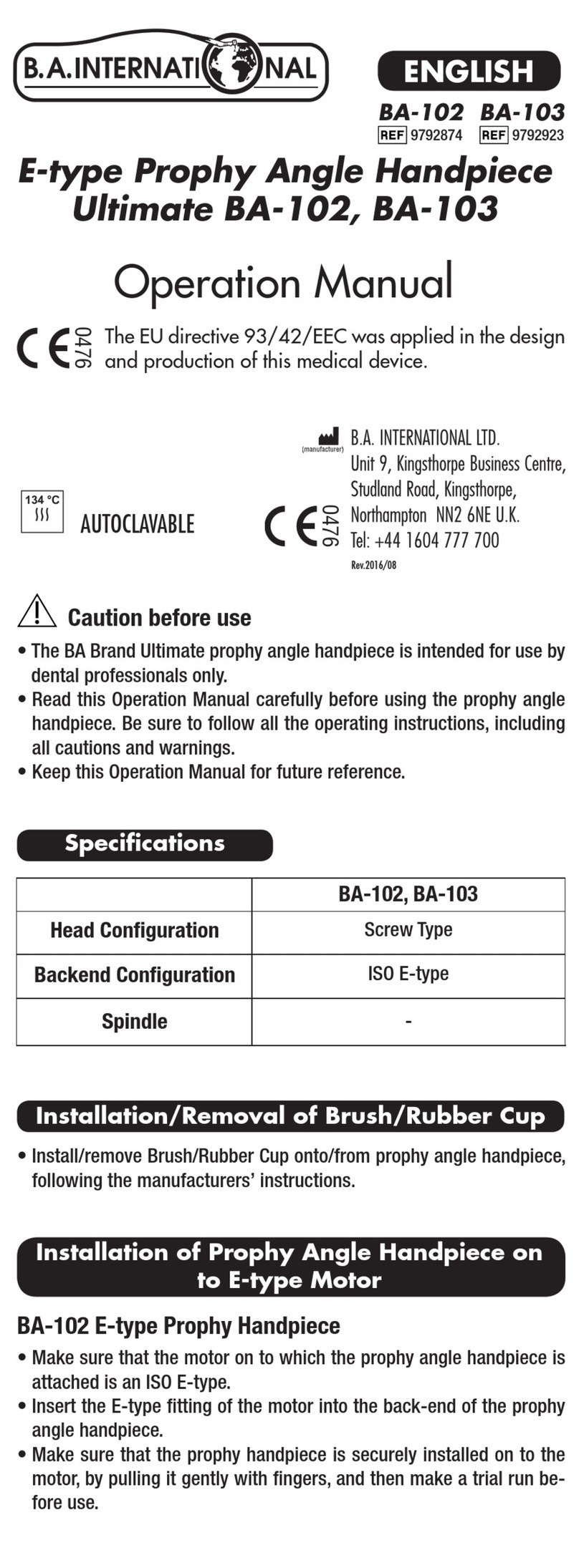 B.A. International Ultimate BA-102 Operation manual
