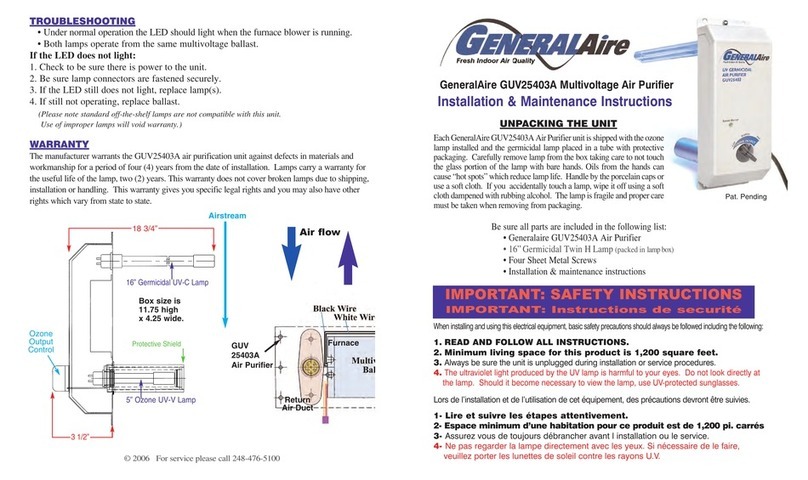 GeneralAire GUV25403A Installation and operating instructions