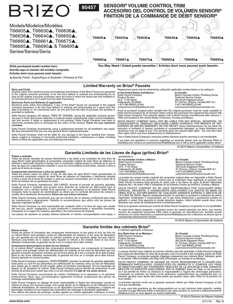Brizo SENSORI T66605 Series quick start guide